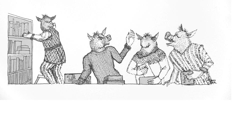 Black and white ink drawing of four pig-faced orcs. One is packing roleplaying games into boxes, two are chatting over the packer's head, and one is up a stepladder listening to the conversation. 